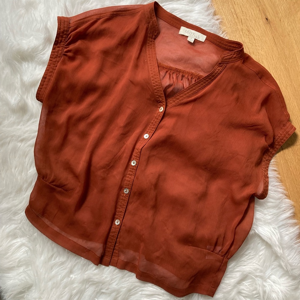 Olive and Oak Sheer Button Up Short Sleeve Blouse - Size S - Rust